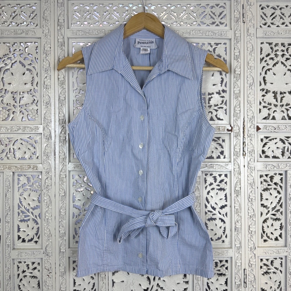 Worthington Pinstripe Sleeveless‎ Button Up Blouse With Tie Womens S Beachy